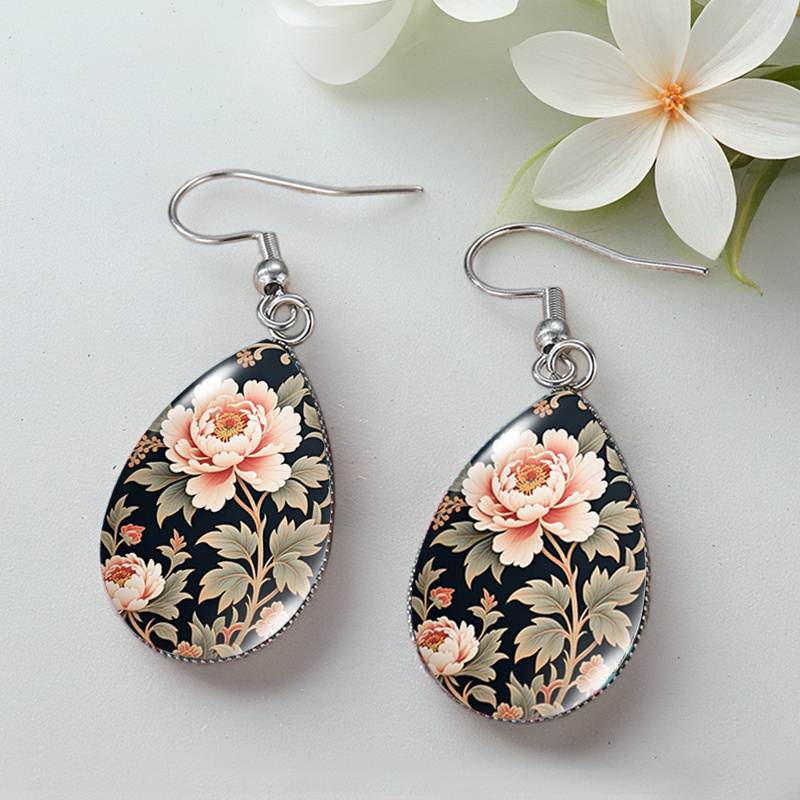 TEMU 1 Pair Handmade Glass Peony Earrings - Pink Peony Vine & Suitable For Dangle Dome Drop Earrings, -free Jewelry Gifts For Day, Easter, Mother'