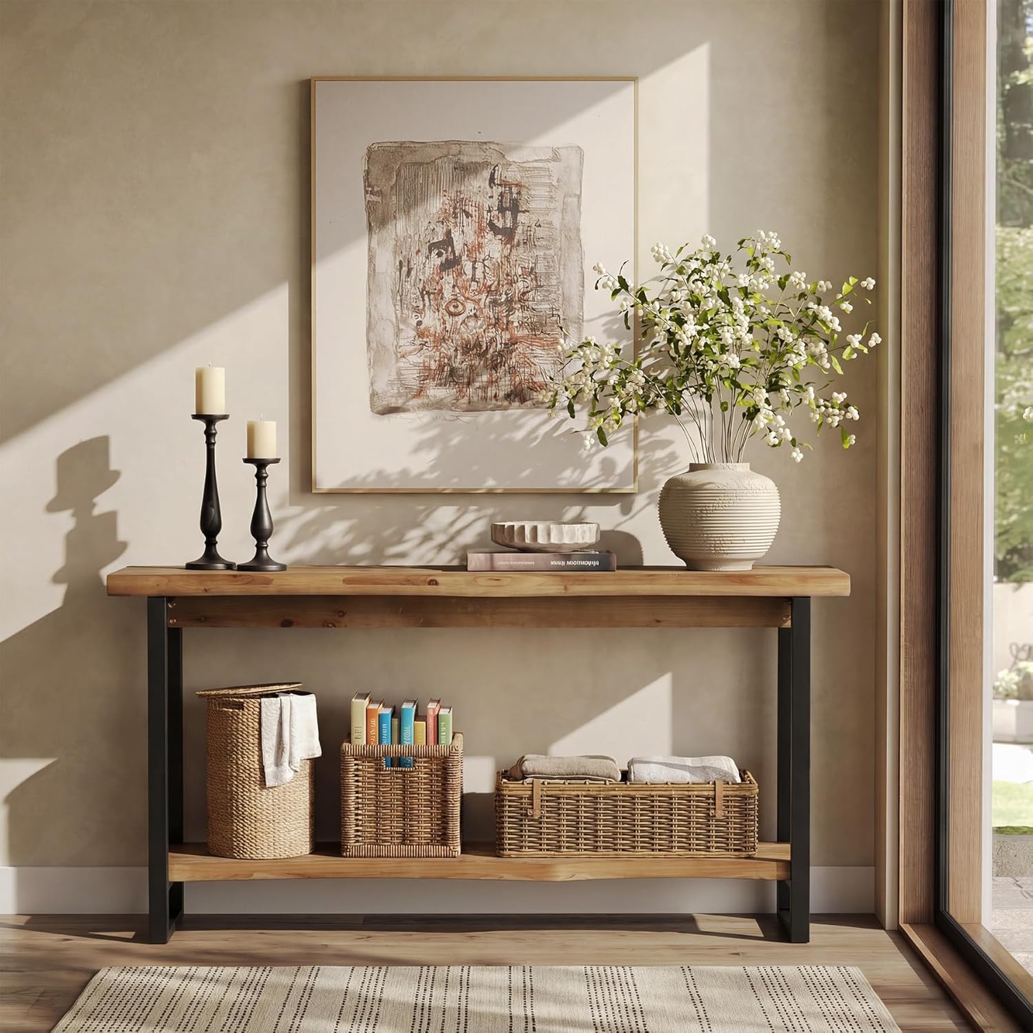 Image of Solid -edge Console Table For Entryway, Farmhouse 63-inch Narrow Long Sofa Table Behind Couch With Unique Shape, Heavy-duty Metal Legs, Ideal For Foyer, Entrance, Living Room