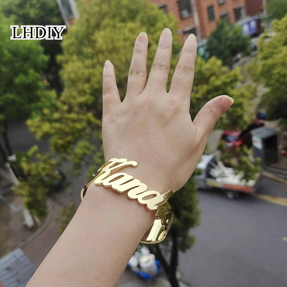 TEMU Custom Name Bracelet - Personalized 201 201 201 201 201 Stainless Steel Golden-tone Open Bangle, Fashionable Jewelry For , Perfect Gift For ,