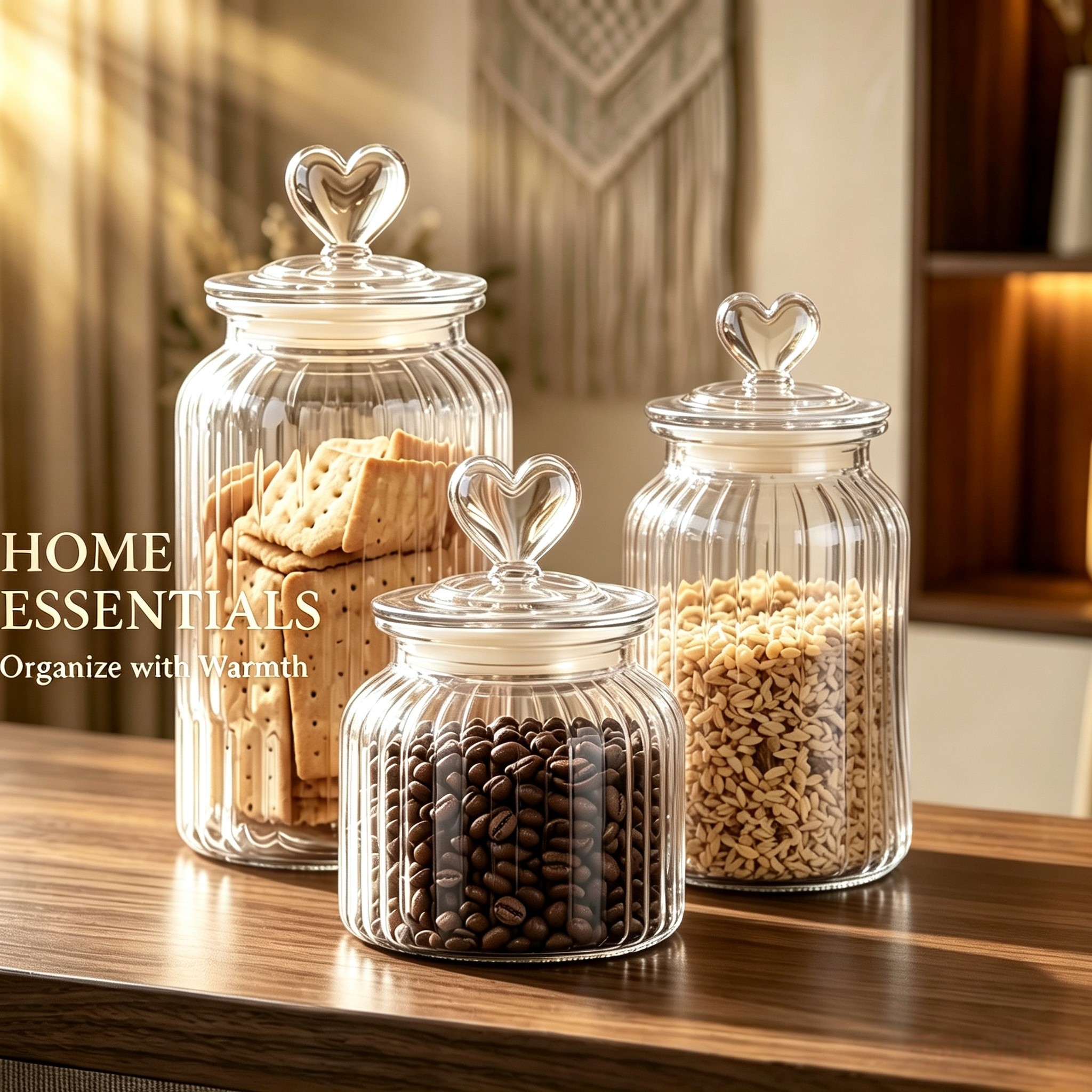 TEMU Large Capacity 6pcs Heart Glass Food Storage Jars 3 Containers With Heart Seals Italian Style Cookie Jar For Biscuits Grains Sugar Flour Coffee