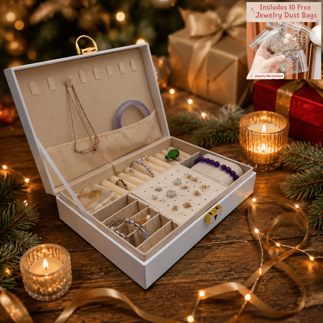 Multi-Functional White Jewelry Storage Box, Soft Velvet Lining