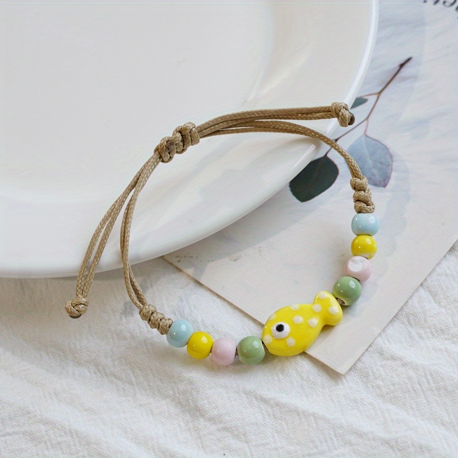 Adjustable Ceramic Fish Charm Bracelet with Colorful Beads