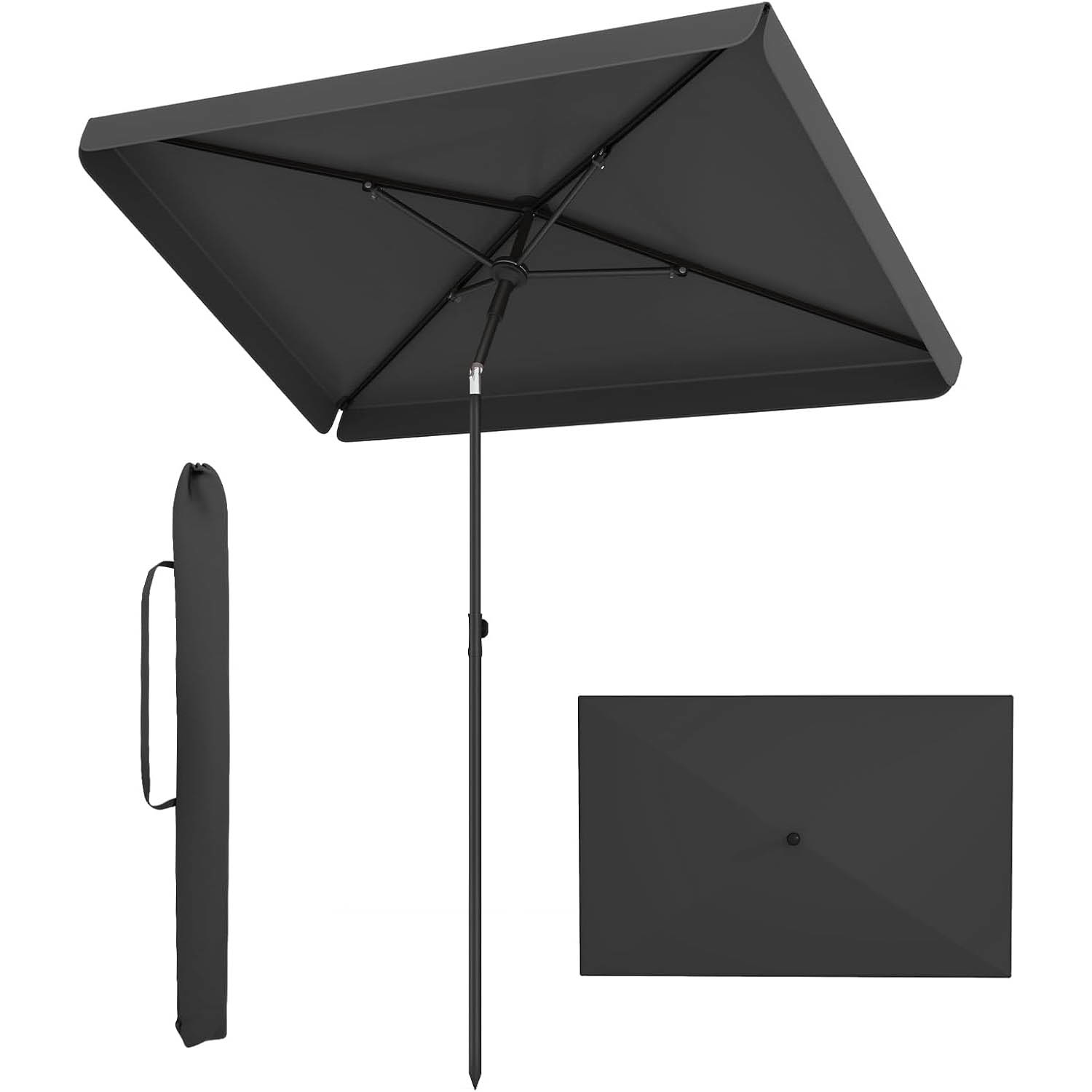 Image of Sunshade 200 X 130cm, Rectangular Balcony Umbrella With 30° , Folding Garden Umbrella With 4 Ribs & Carrying Bag, Market Umbrella For Terrace, Garden & Balcony, Without Stands, Grey