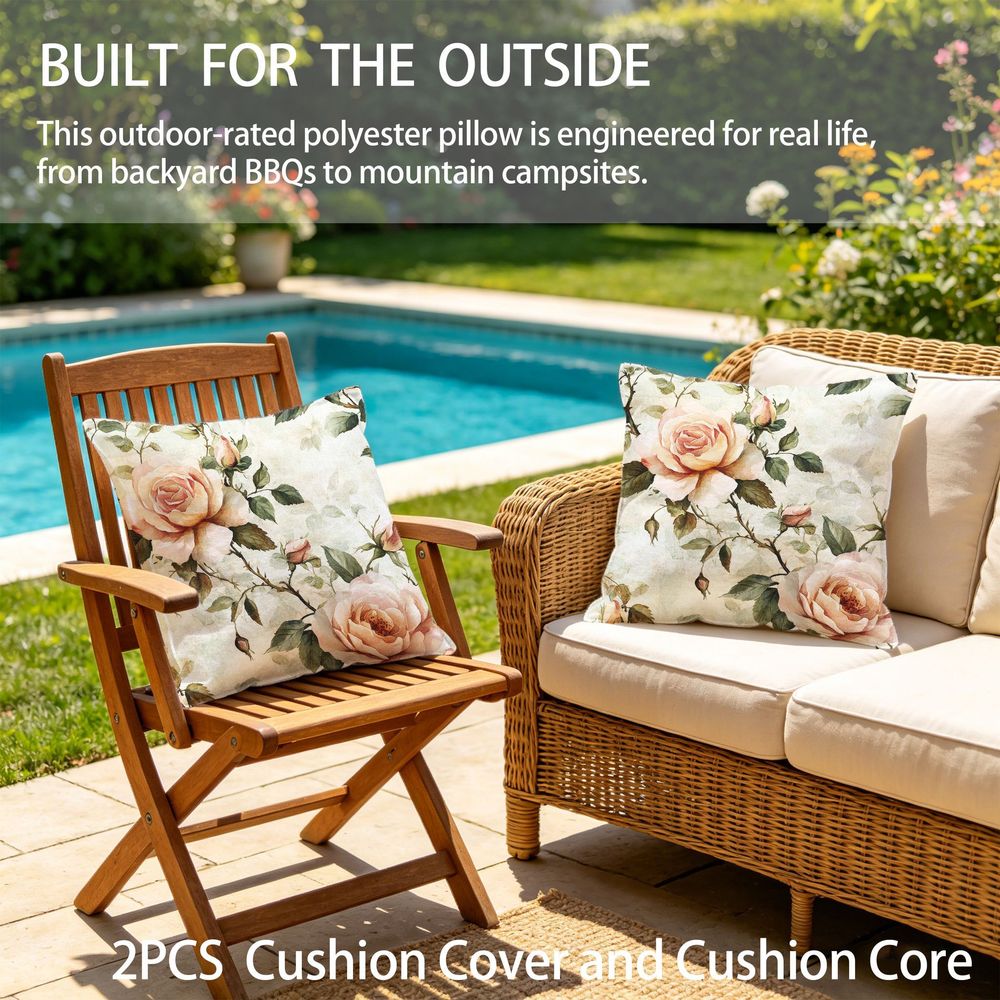 Outdoor Pillows 2pcs Set with InsertAbstract Watercolor Botanical Print Outdoor Cushion, Artistic Floral Aesthetic Design, 17.72inch Square Pillow with Insert. Versatile for Patio, Garden, or Living Room Decor. Features Durable Weather-Resistant Fab