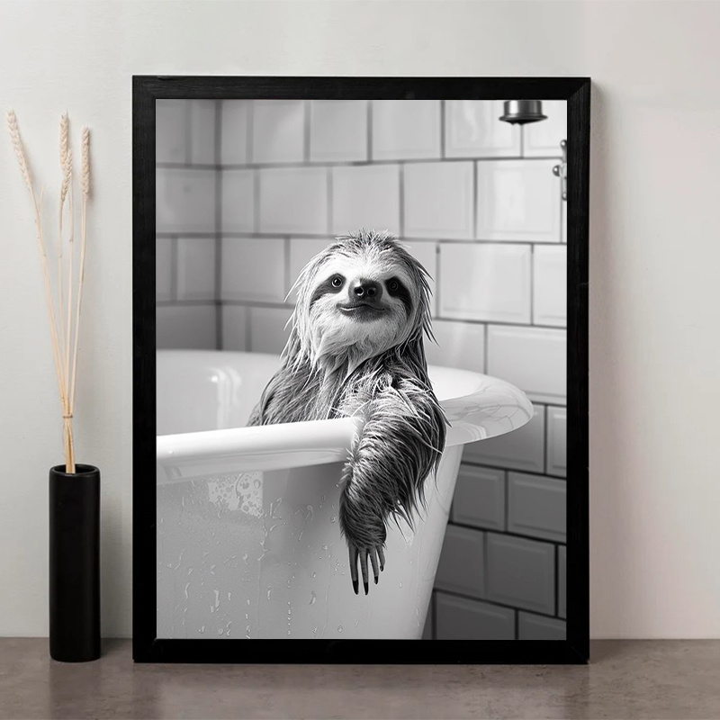E-shop Flachdruck von einem lustigen Faultier im Badewannen-Leinwandbild - Verspielte Tier-Wandkunst, Rahmenlose Badezimmerdekoration, 30x40 cm,