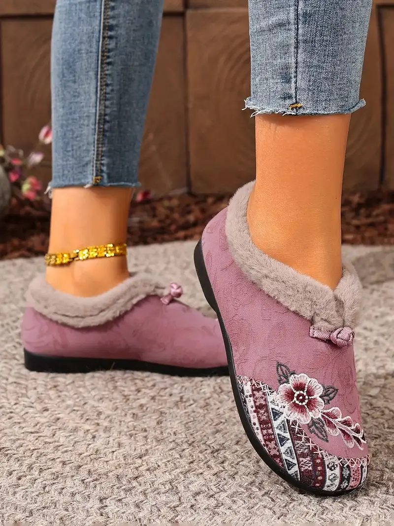womens korean inspired winter ankle boots slip on short boots with pink white floral pattern anti slip pvc sole plush lightweight warm casual for jeans dresses casual attire hand Product details 1