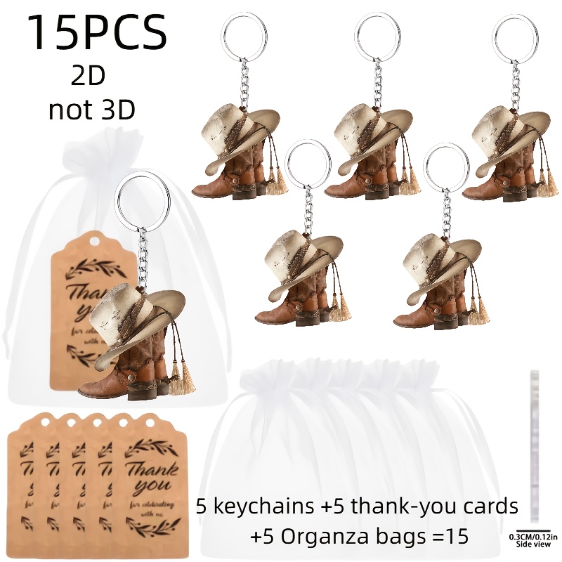 TEMU Style Plat 2D, Cadeau Unisexe, Ensemble de 15 Porte-clés, Incluant une Boîte Cadeau de Fête avec un Porte-clés de Bottes et de Chapeau de Cowboy