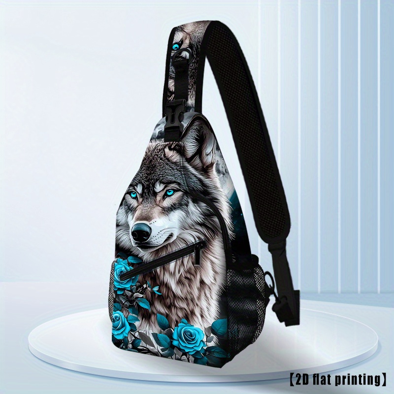 TEMU Loup et Fleur (1) Sac Bandoulière Tendance, Sac de Poitrine Multifonction, Sac à Dos de Randonnée, Sac de Poitrine Imprimé Mode Grande Capacité