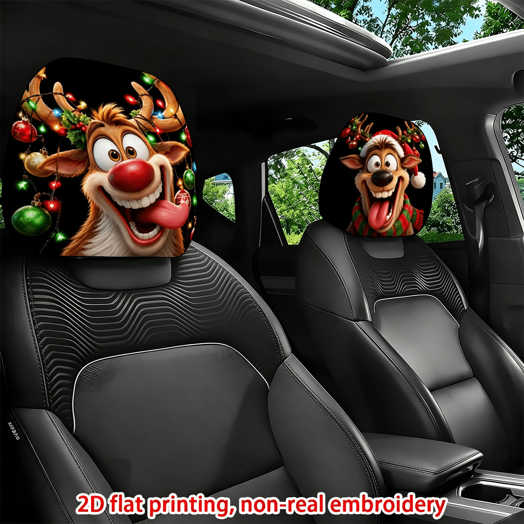 TEMU 2pcs Fun Christmas Reindeer Pattern Printed Car Headrest Covers, And 2d Flat, Cozy Christmas Style, And Machine Washable, Perfect For Car Decor,