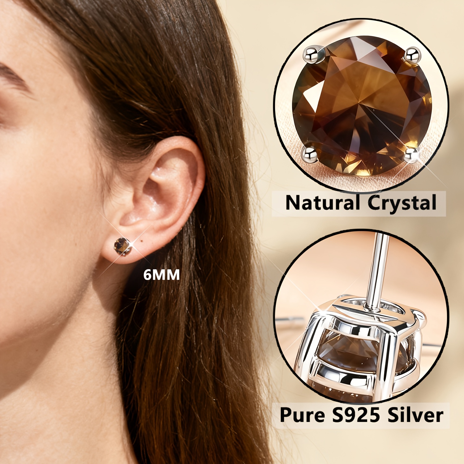 TEMU S925 Silver Earrings With Natural Crystals, From Hypoallergenic, Lightweight, And Durable Materials, Showcasing Round Natural Tea Crystals.