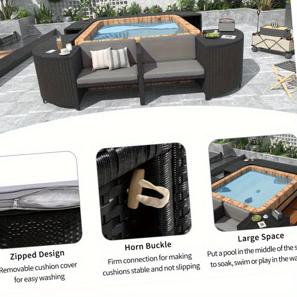 [Outdoor All Weather Sofa] Patio Rattan Sofa Set Spa Surround Spa Frame With Storage Spaces, Outdoor All Weather Round Conversation Sofa Set With Acacia Wood Seats And Waterproof Cushion, Free Combination
