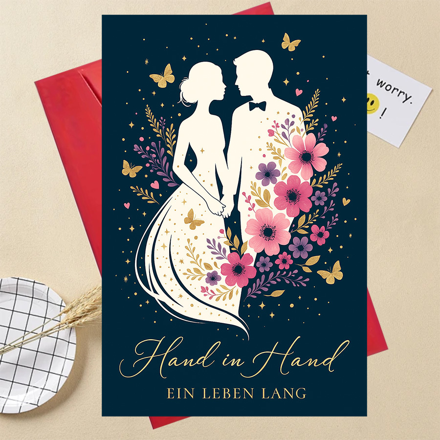 E-shop Elegante handgezeichnete romantische Hochzeitskarte mit Paar, das Hände hält & Blumenmuster - Pastellrosa goldener
