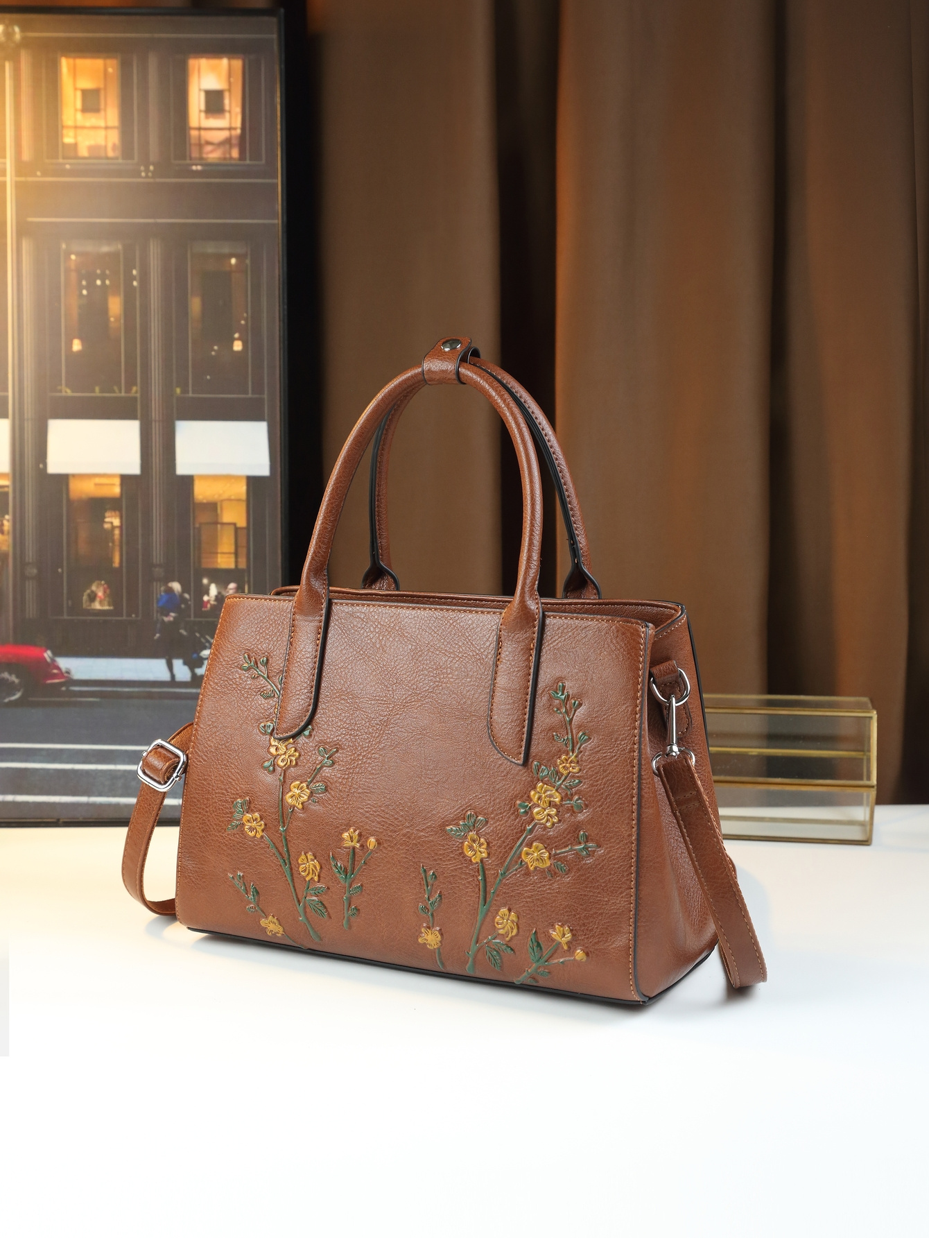 Light Brown Floral Tote side profile