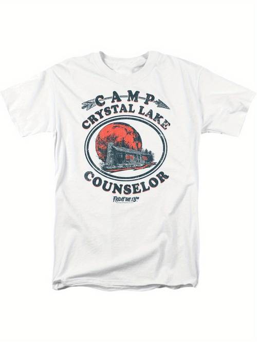 mens lake counselor vintage graphic t white horror movie tee wi red trees design for adults regular fit casual wear seasonal fashion counselor eme design machine washable print apparel