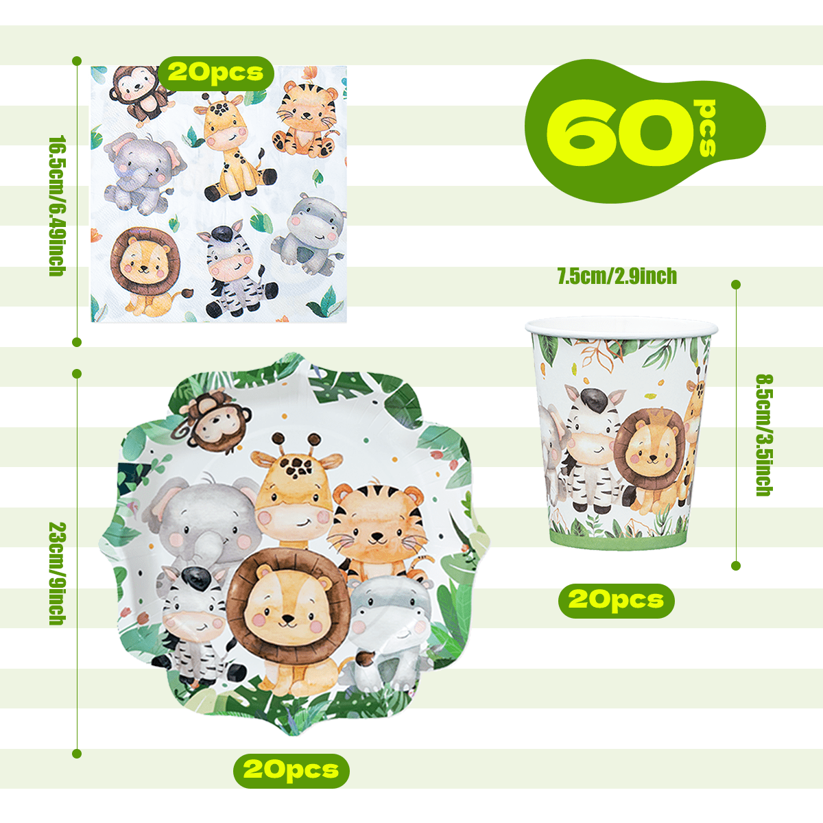 TEMU Ensemble de vaisselle pour fête sur le thème des animaux de en aquarelle, 60 pièces (20 assiettes de 23 cm, 20 gobelets, 20 serviettes), animaux
