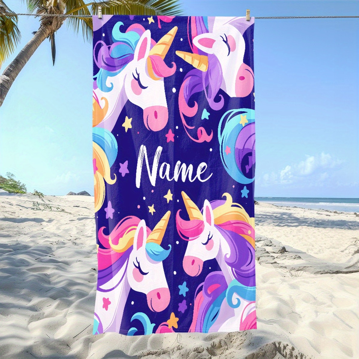 TEMU 1pc Cute Unicorn Custom Name Beach Towel - Soft, Ultra-absorbent Microfiber, Lightweight, Beach, Parties, Travel, Camping - 55x27in/63x31in,