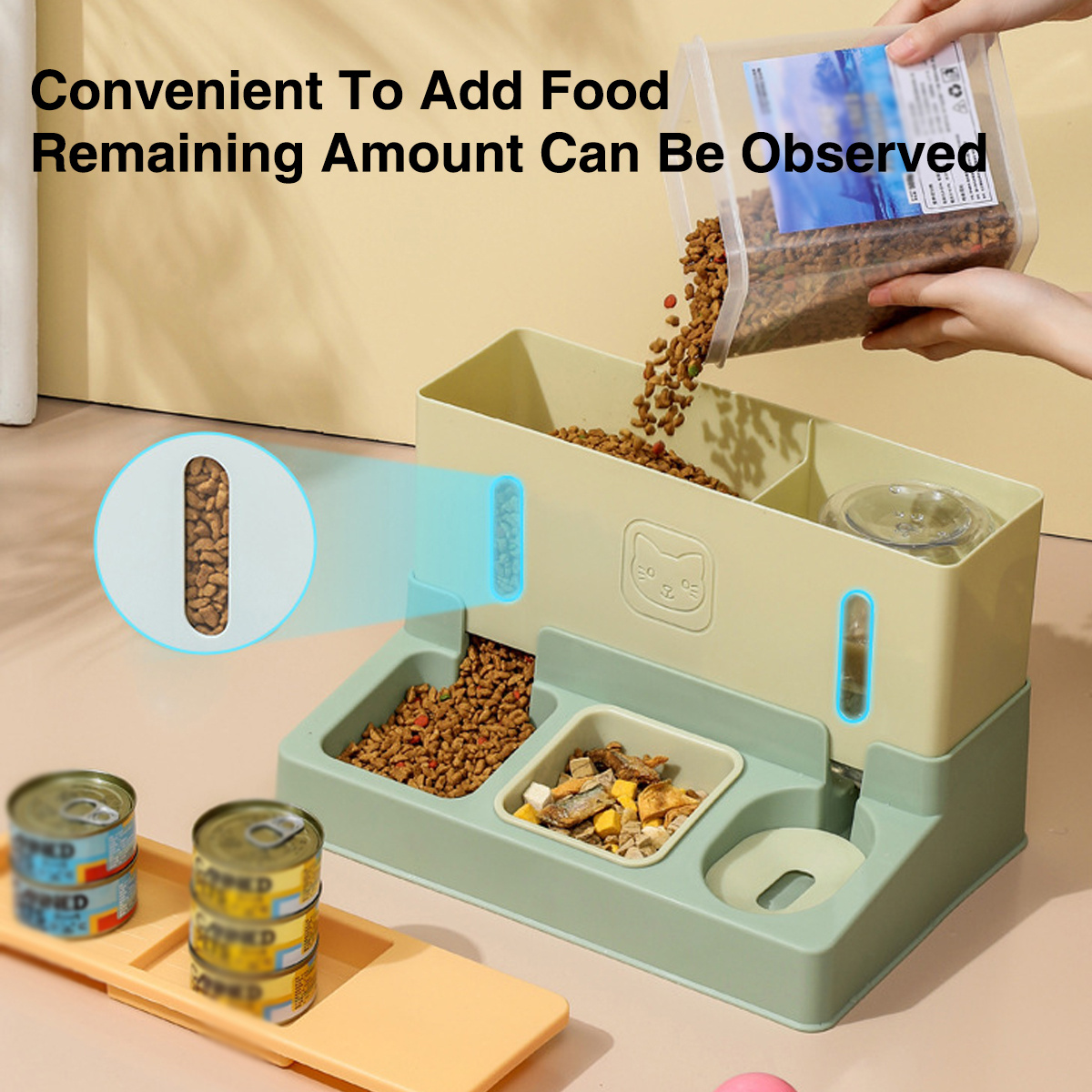 Automatic Cat Feeder Water Dispenser Set, 3 In 1 Tilted Automatic Pet Food And Water Feeder For Indoor Cats, Without Battery