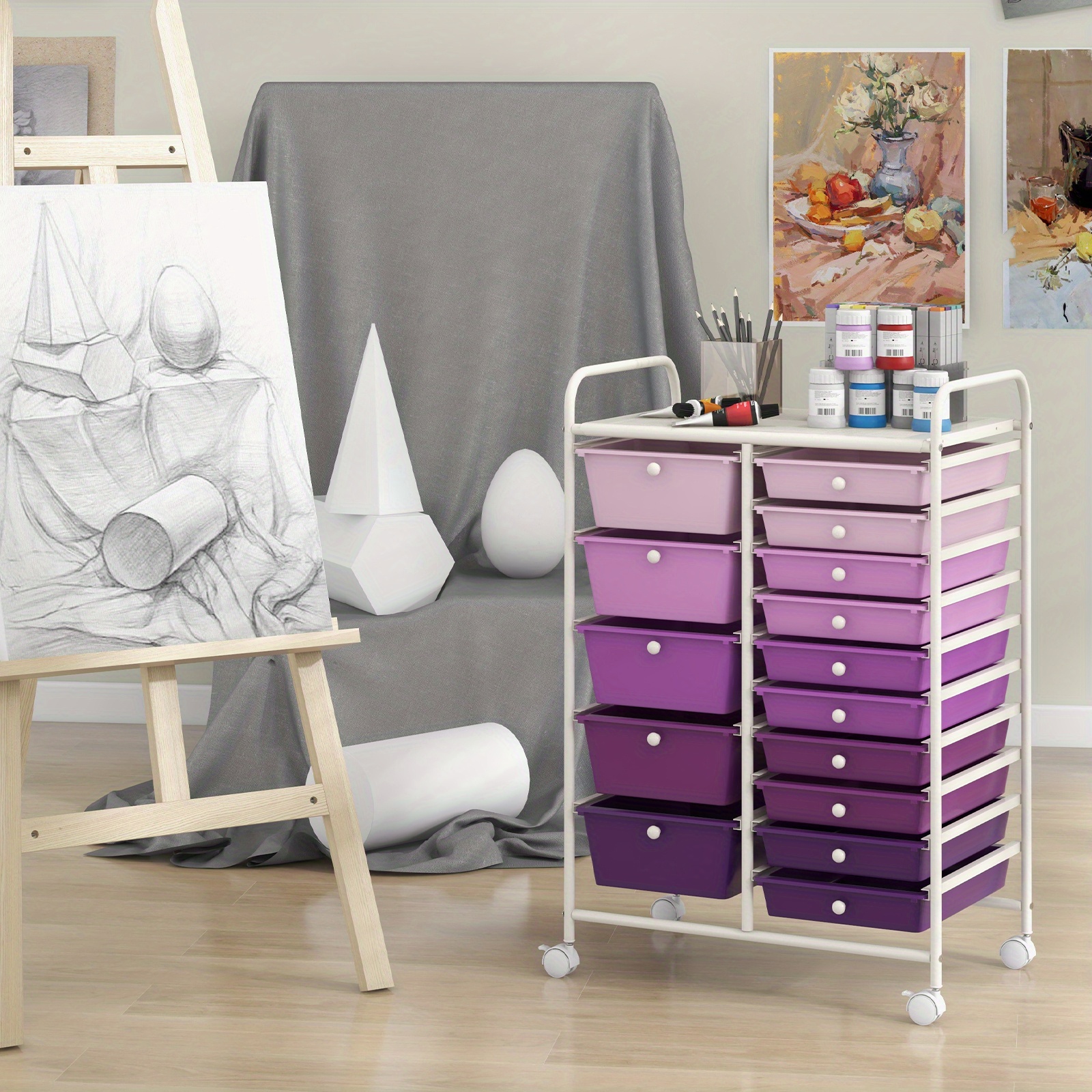   15 drawer heavy duty rolling storage cart with locking lock 4 wheel mobile organizer frame plastic drawers 5 large 10 small drawers white purple gradient heavy duty rolling cabinet for office