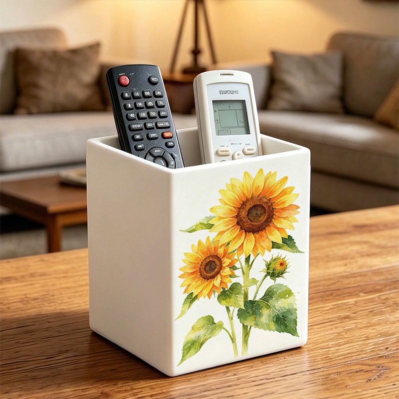 TEMU 1pc 10x7cm Square Pen Holder Storage Box, Watercolor Sunflower Pattern Multifunctional Organizer, Desktop Organizer, Can Store Makeup Brushes,