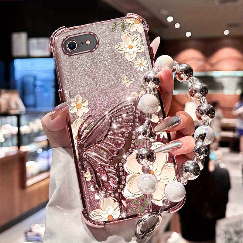 TEMU Phone Case: Pearl Wrist Strap Lanyard Glitter Magnetic Flower Phone Holder Case On For Iphone 8 Anti-knock Shock Proof Stand Back Cover