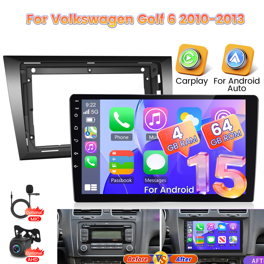 Image of For Golf 6 2010-2013 Compatible 15 Car Stereo With & Auto, 9" Touchscreen, Gps Navigation, Wireless, Wifi, Fm/rds Radio, , Rear View Camera, Steering Wheel Control - 2din Upgrade (4+64g)
