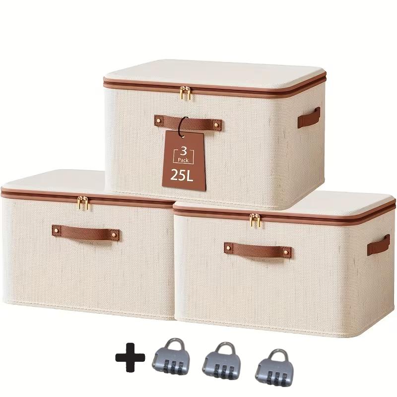 6pcs 3 Storage Box + 3 Lock Rigid Storage Bins With Zipper Lid, Fabric Storage Boxes, Foldable Shelves Clothes Storage Cubes With Handles For Wardrobe, Closet
