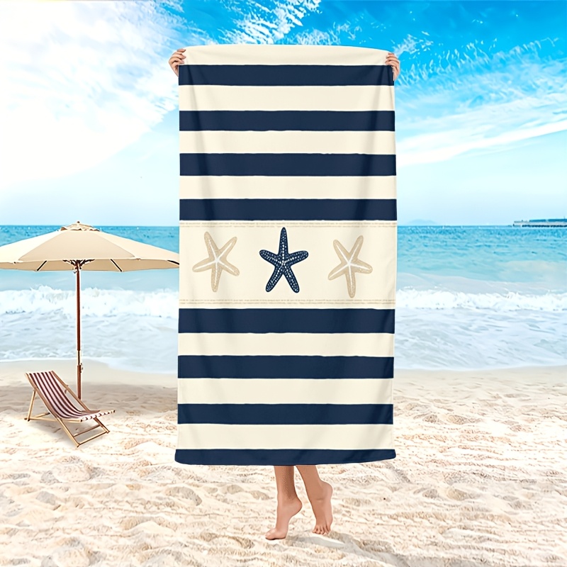 TEMU 1 Toalla de playa ultra de secado rápido, azul y rayas blancas con de tres peces estrella y - A prueba de arena, microfibra súper absorbente,