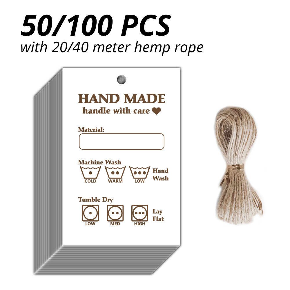 

50/ Pack Handmade Care Labels With Hemp Rope, 2x3 Inches Washing Instructions Cards, English, For Crafters, Small Shops, Online Stores, Small Businesses, Thank You ,