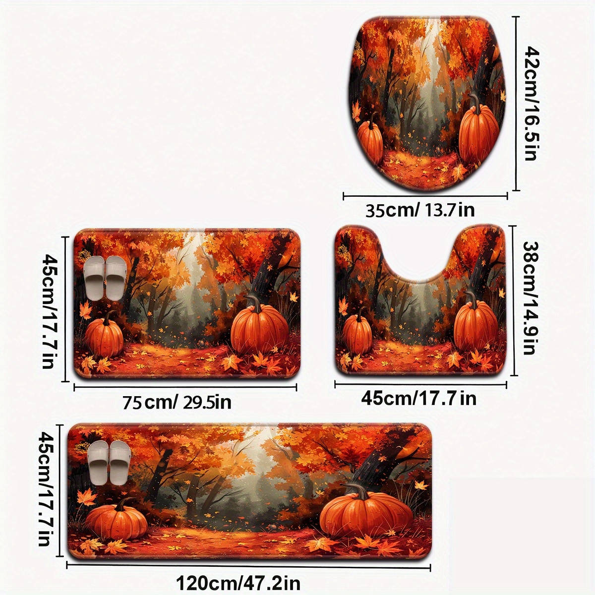 TEMU 3pcs/4pcs Scenic Forest Pumpkin Maple Leaf Pattern Bathroom Mat Set, Including Toilet Seat Cover And Carpet, Bathroom Decor U-shaped Foot Mat