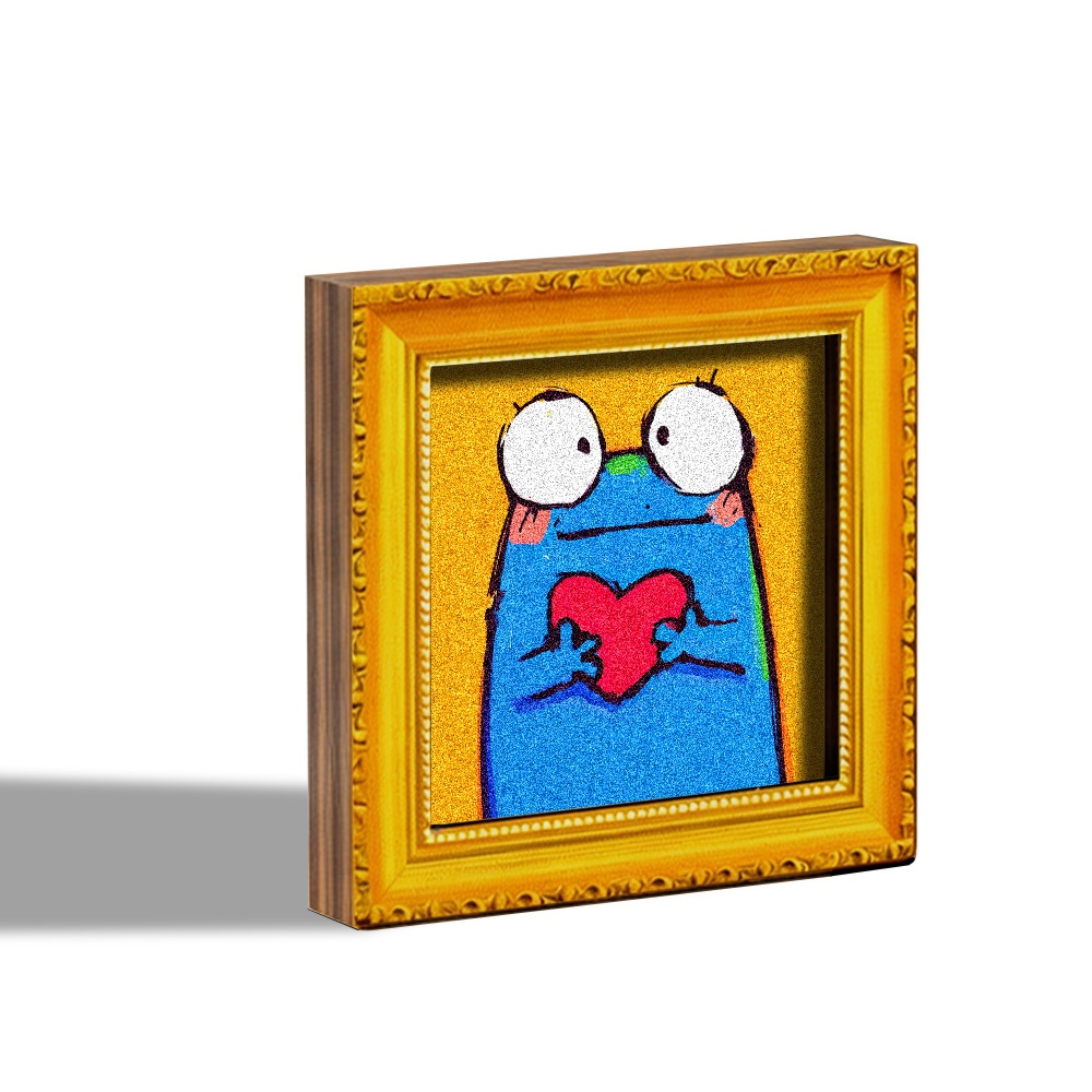 E-shop Ein niedlicher Kühlschrankmagnet, ein Mini-Dekorationsbild aus Holz mit großen, bezaubernden Augen, der ein rotes Herz gegen einen leuchtend