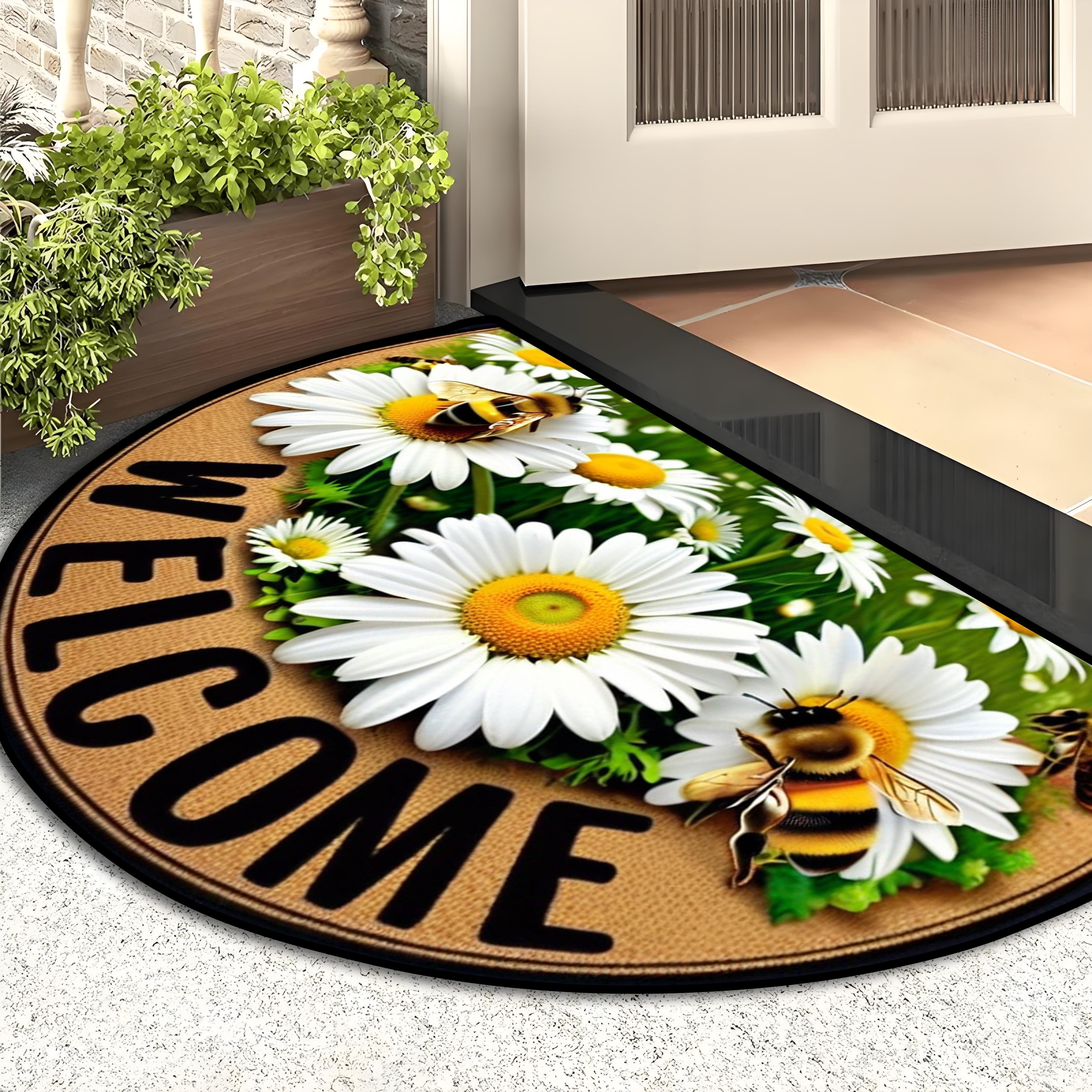 Welcome Bees & Floral Design Non-Slip Semi-Circular Door Mat - Durable 100% Polyester Entrance Mat for Farmhouse, Patio, Laundry, Kitchen, Yard Decor - Stylish Home Accent, Multiple Sizes Available, Outdoor Mat Front Door, Patio Doormat, Natureinspired Doormat, Highquality Doormat, Decorative Doormat, Housewarming Gift