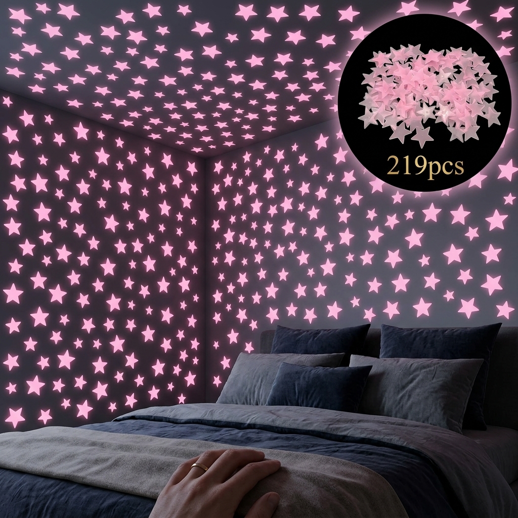 TEMU 219pcs Autocollants Étoiles Roses de Noël, Stickers Phosphorescents pour Mur et Plafond pour Rafraîchir pendant les Fêtes, Décor Galaxie pour
