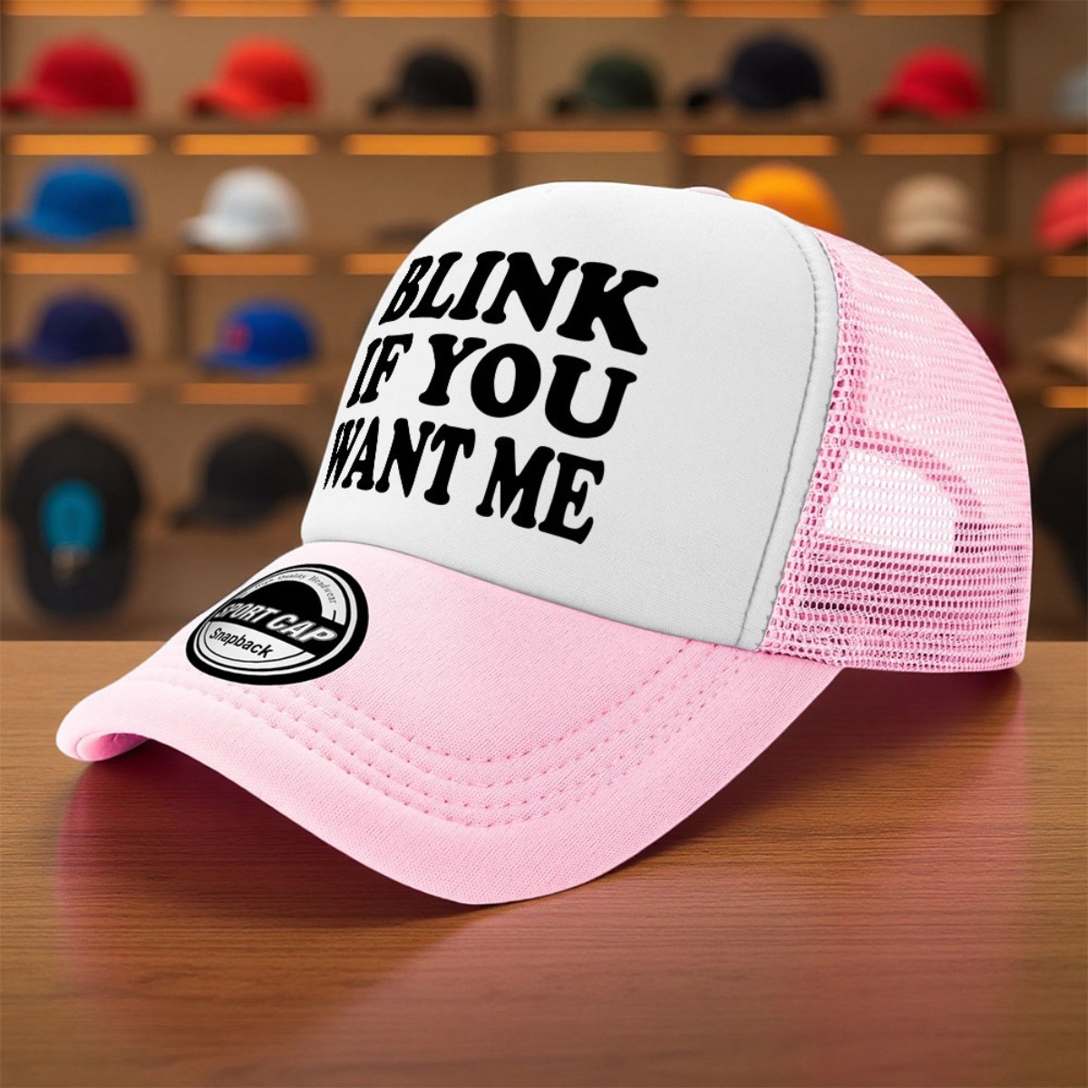 TEMU 1pc "blink Want Me" Print Trucker Hat - Lightweight, Polyester, Machine Washable, Black With White Text, Perfect For , Golf, Baseball, And
