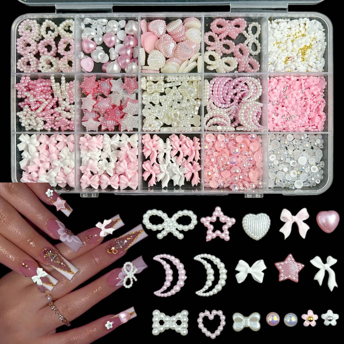 

1 Set Nail Art Decorations Kit, Mix With Pearls, Bows, Hearts, Diy Nail Art Accessories, -free, Assorted Designs For Manicure