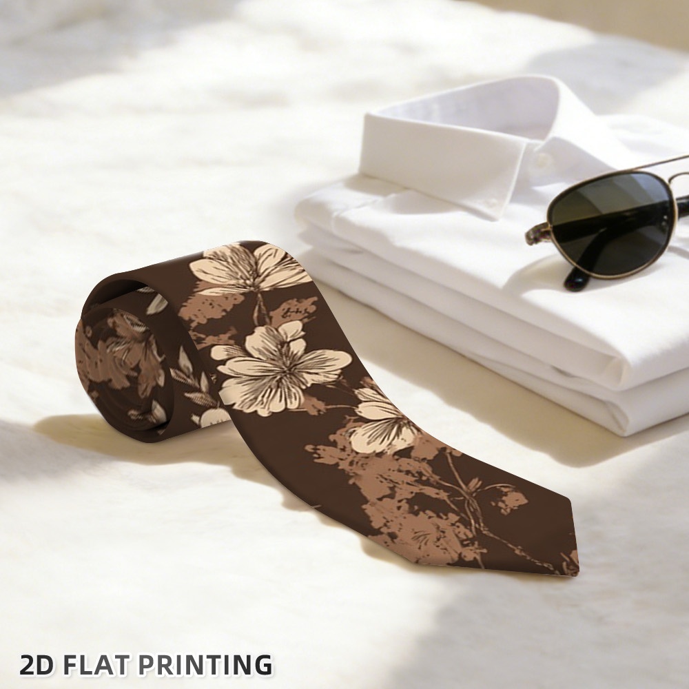 TEMU 1 stuks, 2D Platte Vintage Bruine Bloemen Print Heren Slim Stropdas Elegant Accessoire Perfect voor Zakelijke Vergaderingen, Feesten, Bruiloften