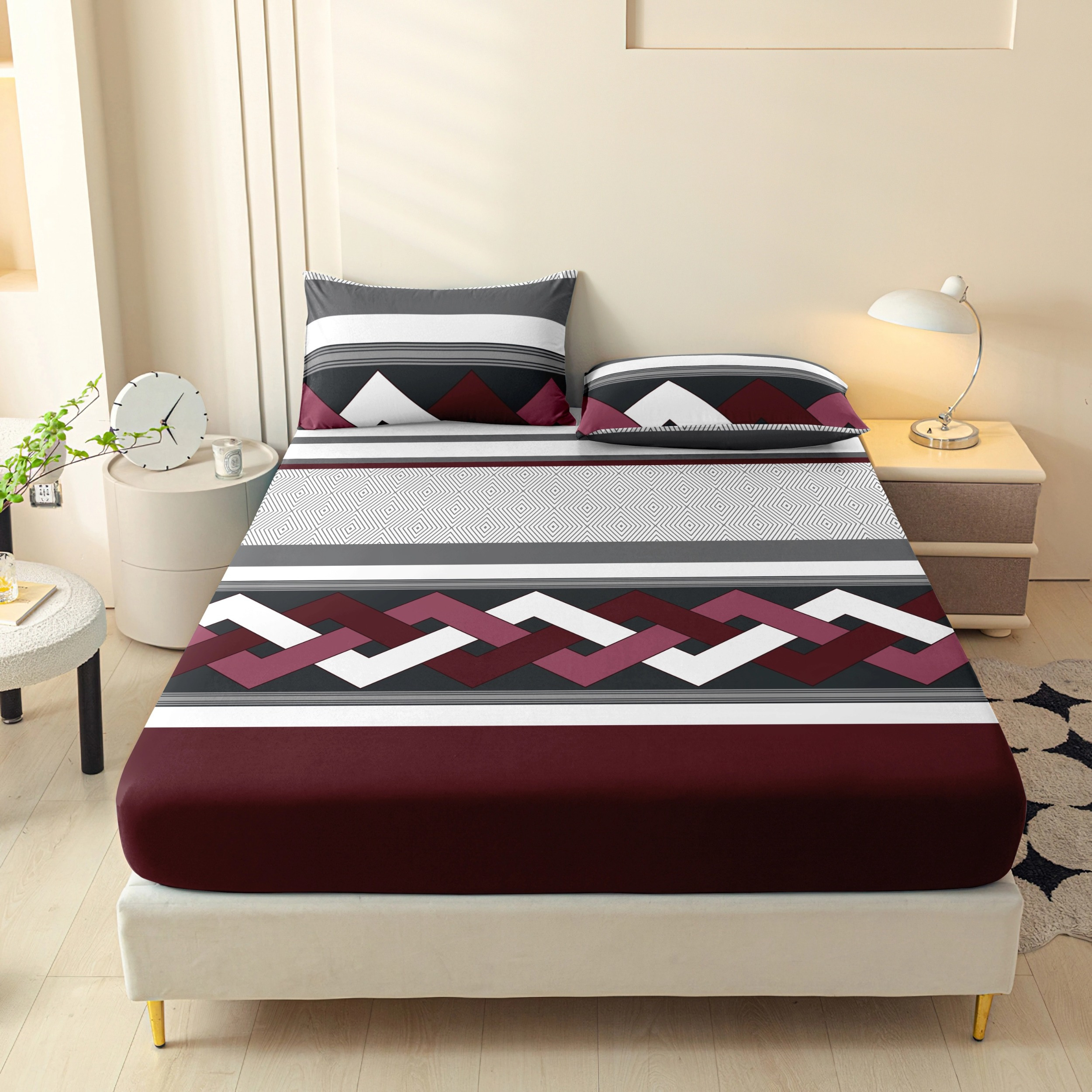 TEMU 3pcs Set: Gray-red Diamond Line Pattern, Classic And Geometric Style Bed Sheet And Pillowcases, Bedding | 2 Pillowcases + 1 Fitted Sheet |