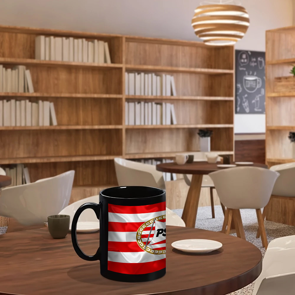 1pc 11oz PSV Logo Keramische Mok - Duurzame Beker voor Heet & Koud Drankje, Zwart met Rode & Witte Strepen, Gouden Cirkel Ontwerp - Ideaal voor Kantoor, Thuis, en Cadeau