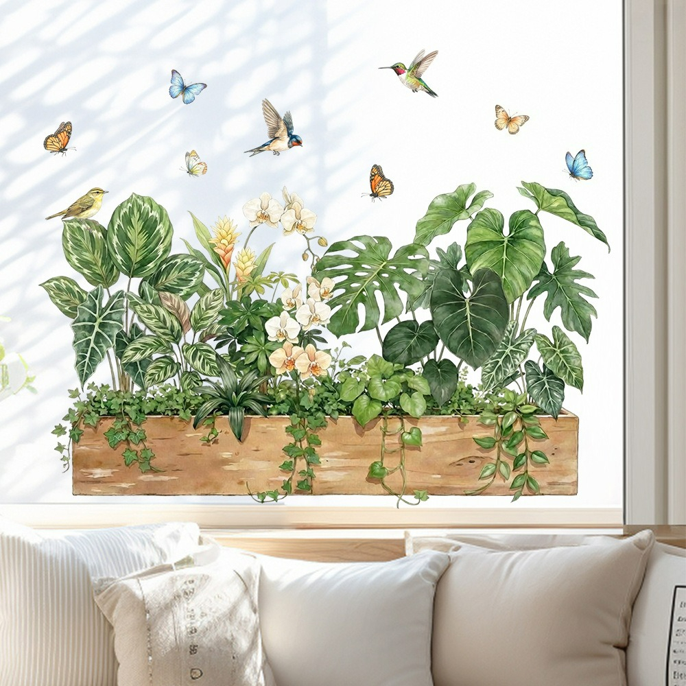 TEMU 2d Flat - 2d Flat - 2d Light Luxury Plants, Butterflies And Floral Pattern Static Sticker, Modern Home Door And Window Decoration, Sticker For