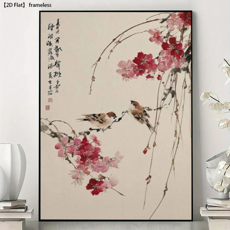 immagine dell'articolo stampa su tela senza cornice 2d, [2d flat] 1 pz, stile giapponese e cinese compatibile - fiori di ciliegio e uccelli in  ,   minimalista zen     orientale per decorazioni autunnali/invernali, decorazione per   da letto