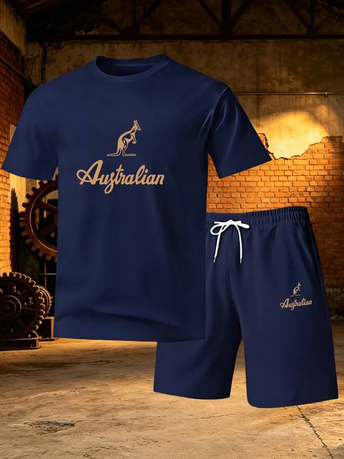 summer new mens athletic suit australian style kangaroo letter print short sleeve t shirt and drawstring athletic shorts teen trendy casual two piece set student versatile summer outfit quick dry breathable machine washable