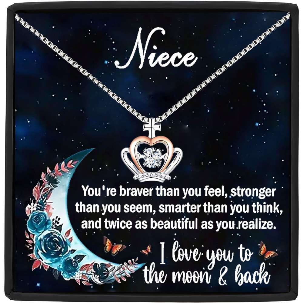 TEMU Boho Y2k Style Titanium Steel Chain Necklace With Synthetic Synthetic Zirconia Crown Pendant - "i Love You To The Moon And Back" Inspirational