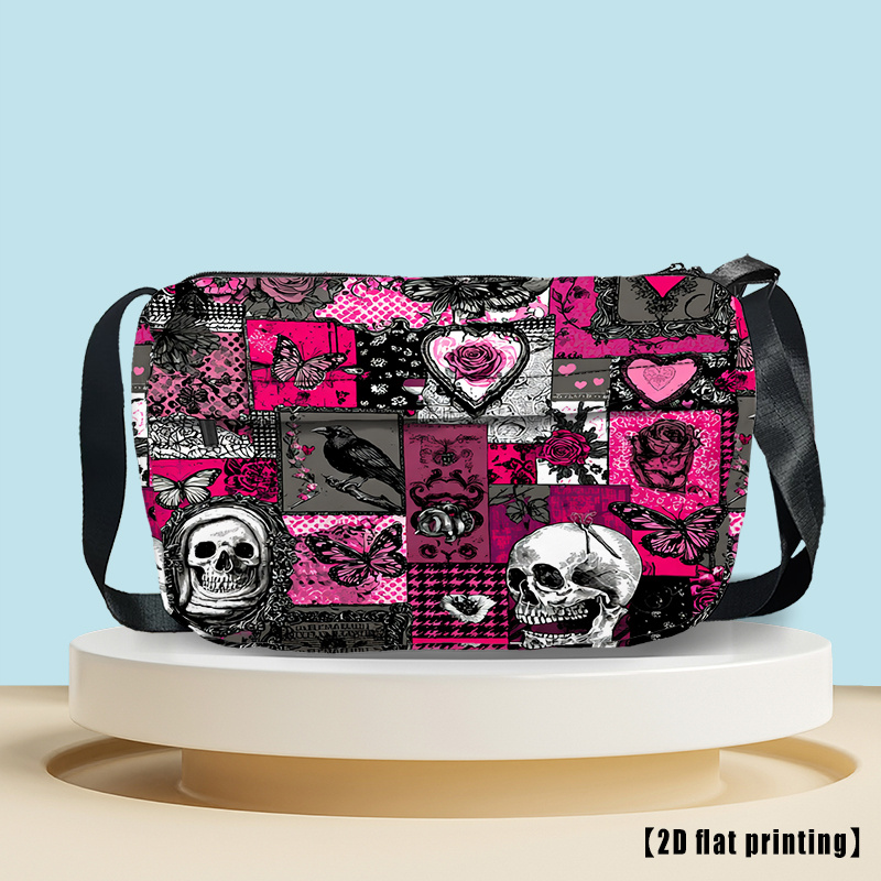 TEMU Gothic Pink Skull Collage Crossbody Bag - Large-capacity Unisex Messenger Bag Suitable For Couples, Gothic-themed Shoulder Purse With Gothic
