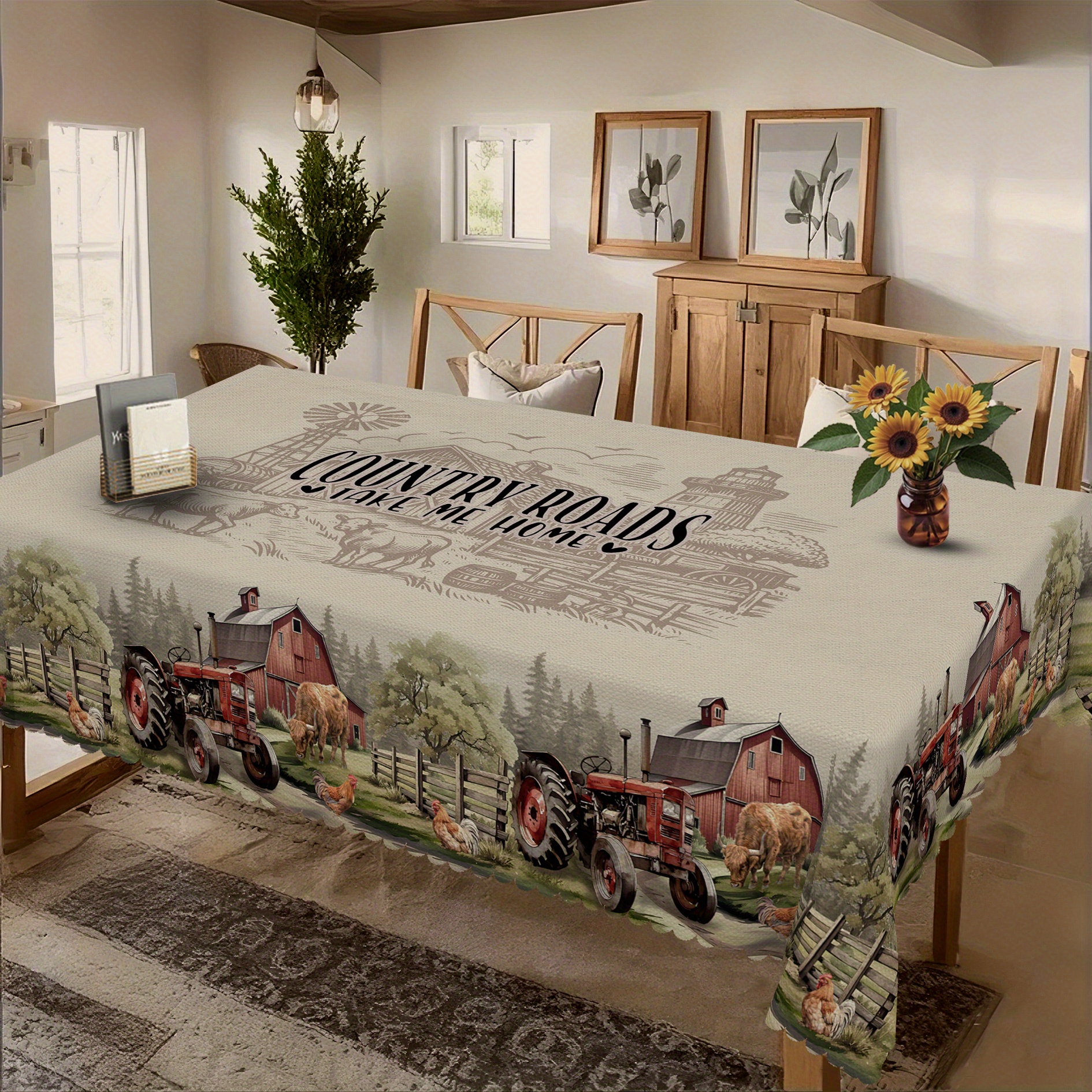 TEMU 1pc Country Farmhouse Tablecloth, Durable Polyester Tablecloth, Red Barn, Tractor, And Chicken Design, Spring-summer Vintage Decor, Rectangular,