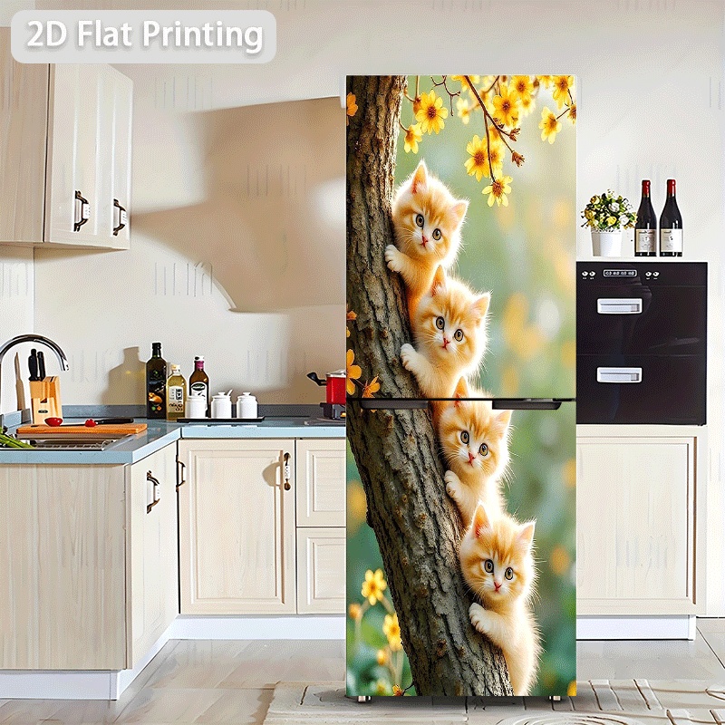 TEMU 1pc 2d Flat Design Refrigerator Sticker, 60×180cm, 4 Orange Kittens Climbing A Tree Trunk With Flowers, Adorable Wall Decal Self-adhesive