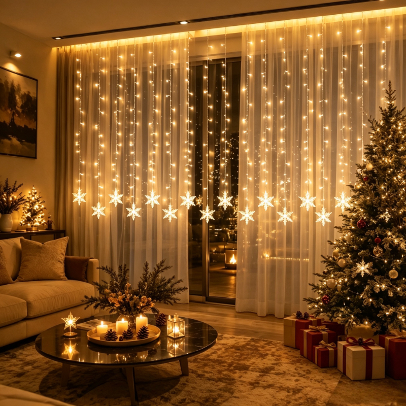 TEMU . 4-Meter Neuer USB-betriebener Schneeflocken-Eis-Säule Weihnachtslichterkette, mit 96 Stk. LED-Leuchten (Warmweiß/Weiß/Multicolor) - Dekorative