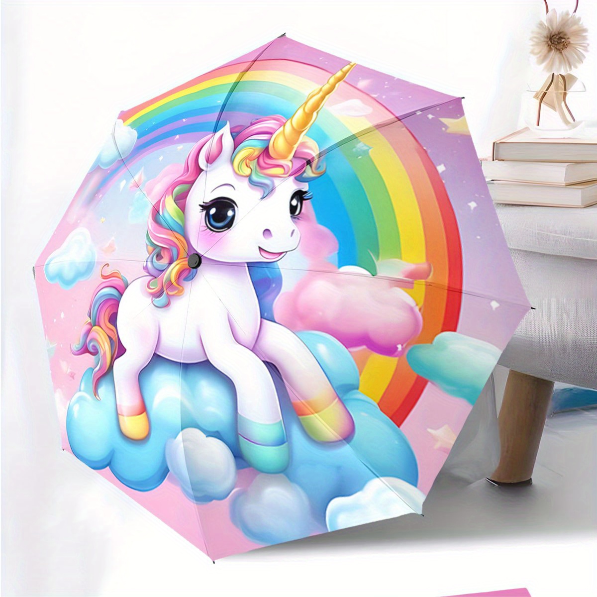 folding umbrella the umbrella features a unicorn with   mane set against a vib nt  ow   filled sky fits t vel   holiday gift
