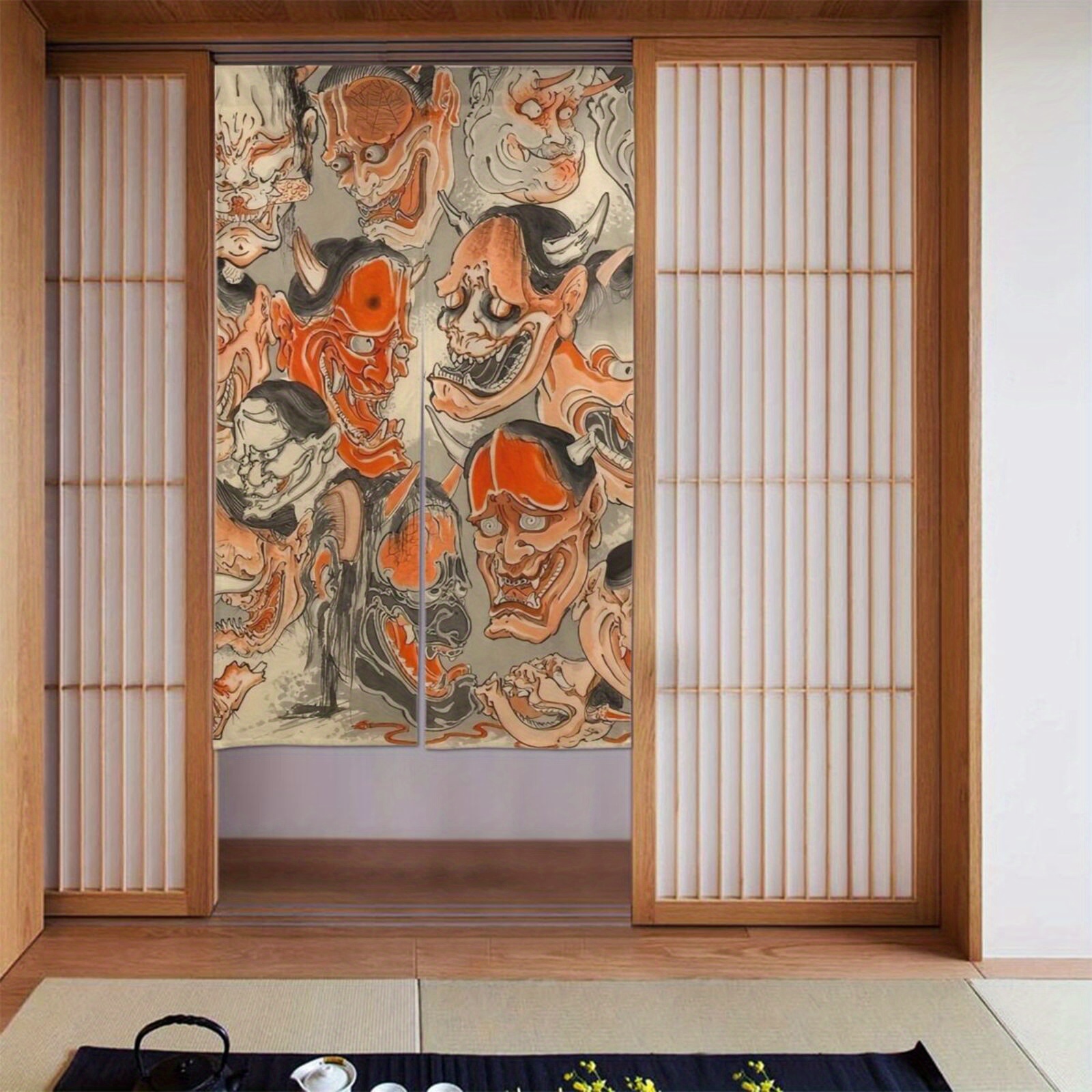 TEMU 1 pieza de cortina de puerta de vintage japonés - 34x56 pulgadas de partición de lino con diseño intrincado de máscara y negra, bloqueo de luz