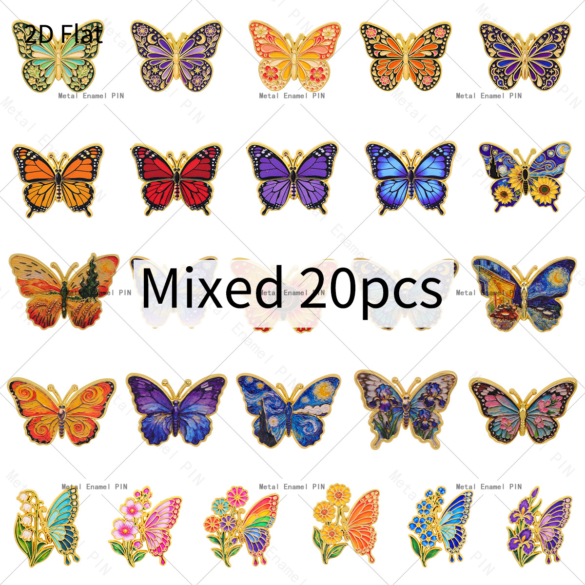 TEMU 2d Flat, 2d Flat 20pcs Random Mixed Colorful Lapel Pin Vintage Art Painting Style Insect Enamel Pins And Brooches Badge Pins For Backpacks Bags