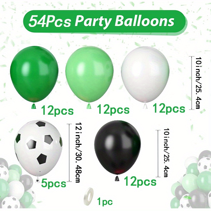 54pcs Green Black White Soccer Balloons Set, With Dark Green Light Green Balloon, Soccer Printed Balloon For Boys Men Sports Game Football Theme Birthday Party Decorations Shower Supplies