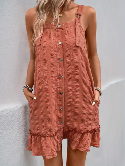 sleeveless square neck textured babydoll mini dress Imily Bela Women 's Casual Sleeveless Square Neck Smocked Swing Loose Babydoll Mini Dress Beige S